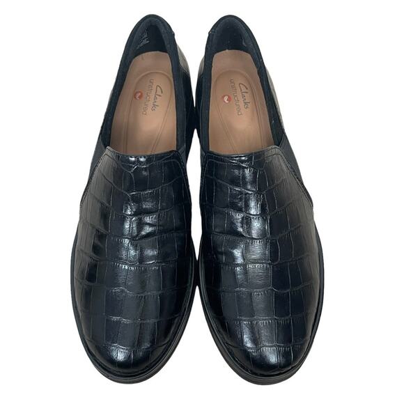 Clarks Shaylin Ave Black Leather Faux Croc Slip On Shoes Size 6 NWT‎ - Picture 1 of 10
